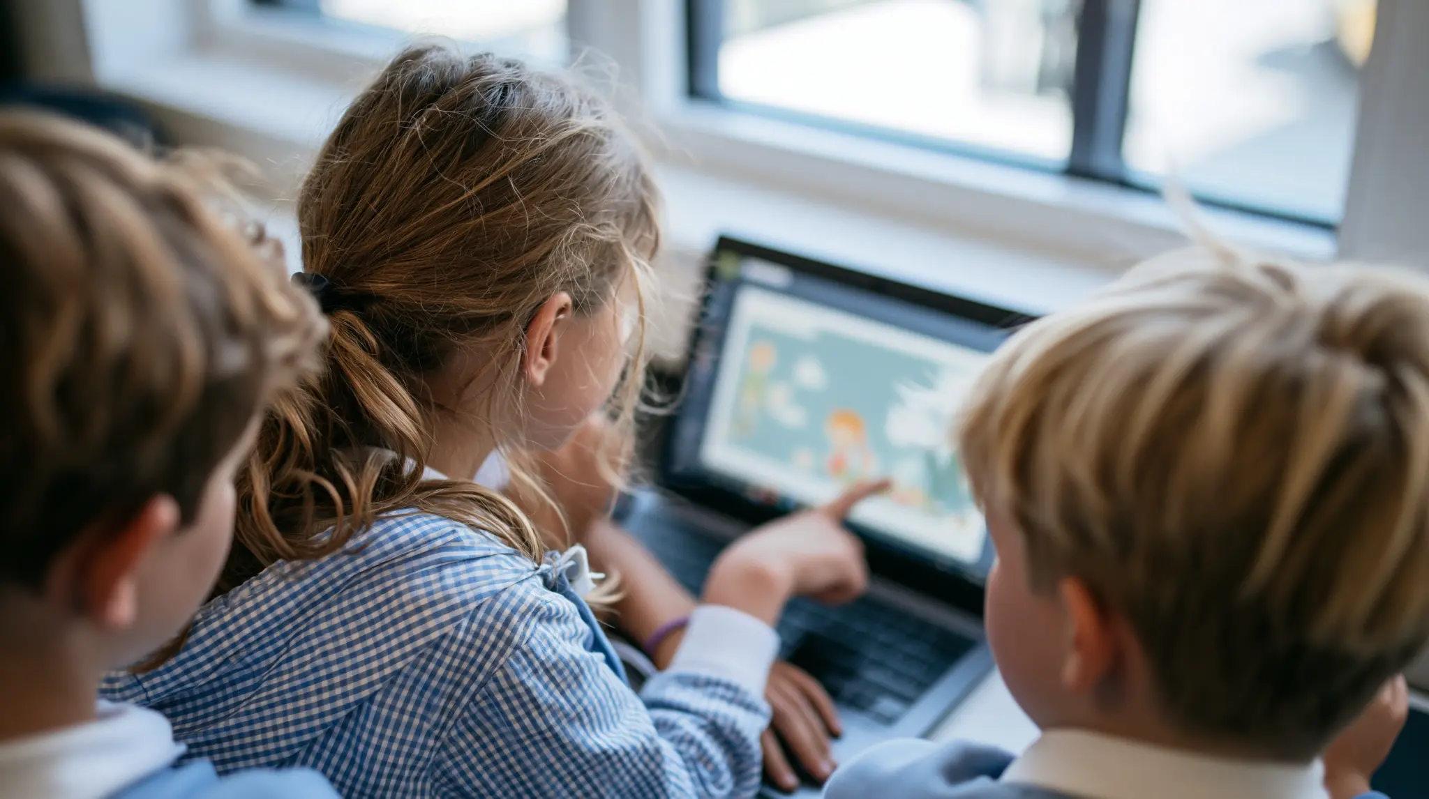 Primary school pupils working together on a laptop