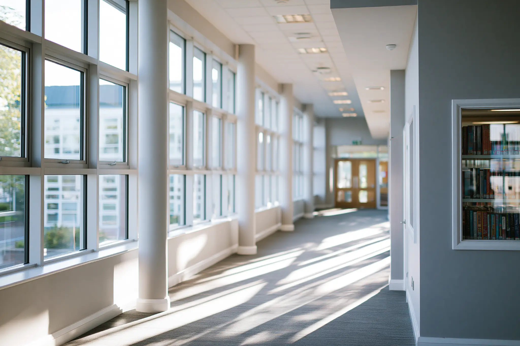 Bright school corridor with natural light